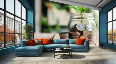 the conceptual illustration of the money quarter coins collection in the bottle with the sprout growing on it  Wall mural