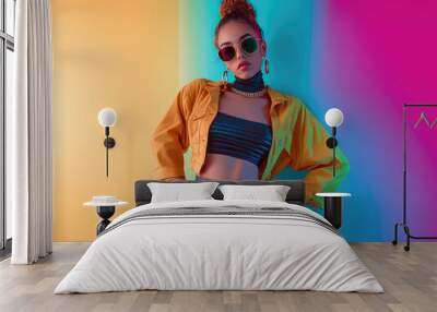 the hot 70's retro fashion model in the pink disco lighting  Wall mural