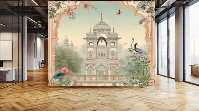 the painting of old persian temple of saint ancient building in blue sky background. Wall mural