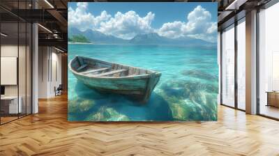 the row boat in the green ocean water of a tropical island  Wall mural