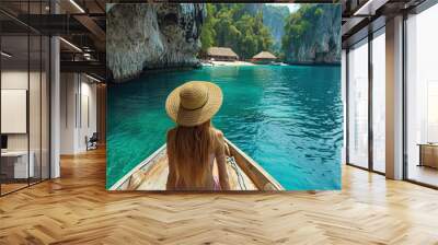 White blonde tanned woman on boat green sea water in the bay of thailand phuket  Wall mural