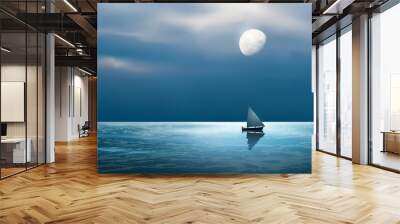 Ocean and yacht at night with moon illustration Wall mural