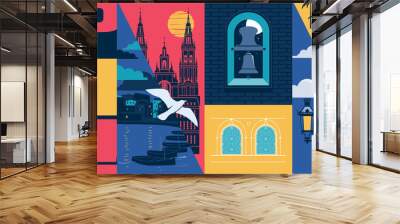 Spain vector skyline illustration, postcard. Travel concept in modern flat graphic design element Wall mural