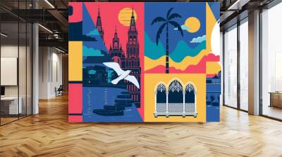 Spain vector skyline illustration, postcard. Travel to Spain modern flat graphic design element Wall mural