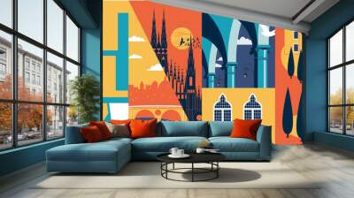 Tourism in Italy vector banner, illustration. Cityscape, landmarks in modern flat design style Wall mural