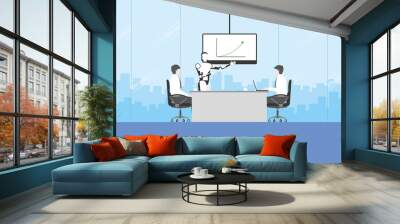 ฺTechnology concept of business training and presentation in the future. Artificial intelligence is a colleague of teamwork meeting in the conference room. People sit and listen to the robot speaker. Wall mural