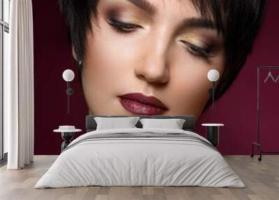 Beautiful caucasian woman with short hair. Make up . Wall mural