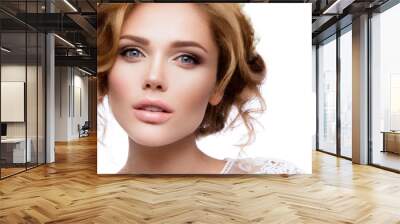 Make up. Glamour portrait of beautiful woman model with fresh makeup and romantic wavy hairstyle. Wall mural