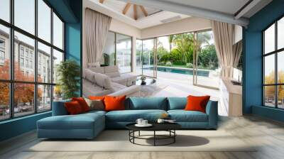 Interior and exterior design of living room with pool view in villa, house, home, condo and apartment Wall mural