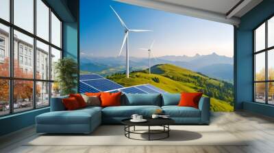 A hillside covered in solar panels and wind turbines representing green technology and renewable energy solutions to combat climate change, reduce energy consumption, and promote sustainability. Wall mural