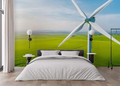 A serene wind farm generating clean, renewable energy in a lush green landscape. The importance of eco-friendly solutions, the environmental benefits of wind power and sustainability efforts. Wall mural