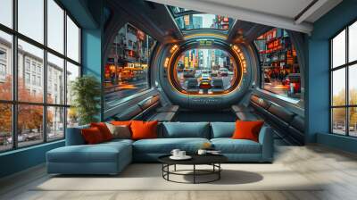 A view from inside the Car Interior, Future of Urban Transportation, Journey in Cityscape with Hi-Tech Vehicle, Automation and Futuristic Driving. City Street, Automated Lifestyle of Tomorrow. Wall mural