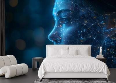 Close-up portrait of a woman immersed in digital technology concept, representing the fusion of innovation and futuristic vision in modern society. Wall mural