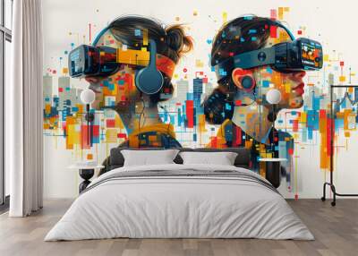 Colorful digital art illustrating the fusion of technology and innovation with virtual reality and augmented reality. Two women with VR headsets and AR applications, immersive tech experiences. Wall mural