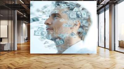 Investment concept art featuring a man and banknotes in double exposure. The journey of wealth management, financial planning, and corporate success in a dynamic, money-centric visual narrative. Wall mural