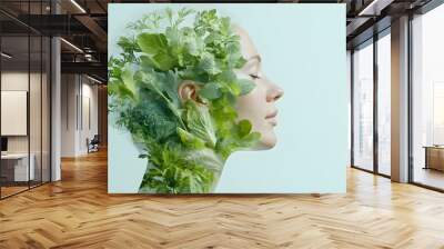 Portrait of a woman with vegetables in double exposure, the vegan lifestyle and plant-based diet. Isolated on a clean background, this artistic of the essence of health, wellness, and natural beauty. Wall mural