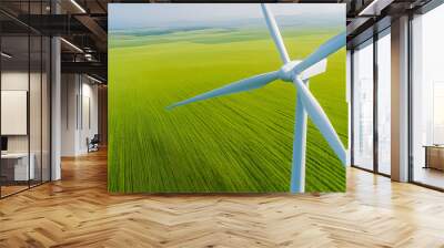 Wind turbines in a vibrant green field with the shift toward renewable energy. Focuses on wind power as a clean, sustainable solution, helping to combat climate change and reduce carbon footprints. Wall mural