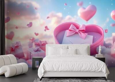 3D rendering, Valentine's Day heart-shaped box gift background with pink clouds and balloons flying in the sky, AI Generative Wall mural