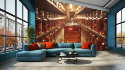 A bottle of Jack Daniels sits on a wooden shelf in a room full of other bottles Wall mural