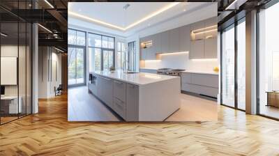 A bright and airy upscale kitchen with modern, high-end finishes. The design is minimalist, featuring elegant strip lighting under sleek, AI Generative Wall mural