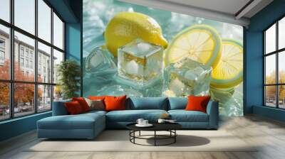 A glass of water with ice cubes and a lemon slice Wall mural