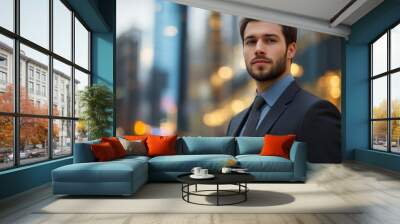 A man in a suit and tie stands in front of a city skyline Wall mural