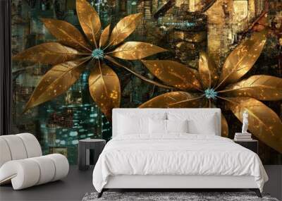 A painting of two gold leaves with a city background Wall mural