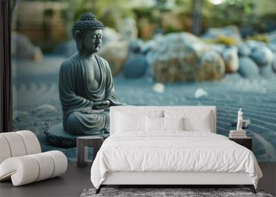 A statue of a Buddha is sitting on a rock in a garden Wall mural