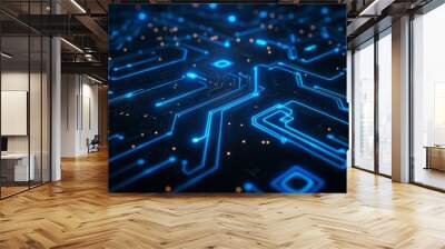 Abstract blue neon lines in digital circuitry pattern, AI Generative Wall mural