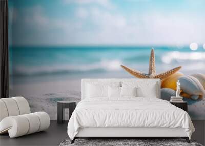 Beautiful beach with white sand, starfish, AI Generative Wall mural