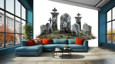 A graveyard with many gravestones and a skull. The graveyard is surrounded by a fence. Scene is eerie and spooky Wall mural