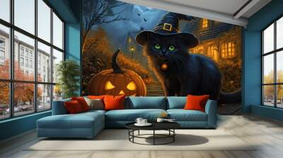 Black cat with witch hat. Halloween concept. Wall mural