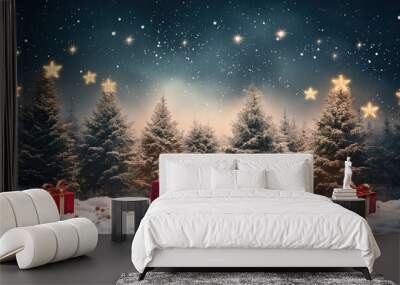 Christmas presents under under Christmas tree. Snowy winter day. Wall mural