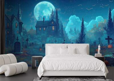 Mysterious Halloween Pumpkins in a Foggy Graveyard Under the Full Moon Wall mural