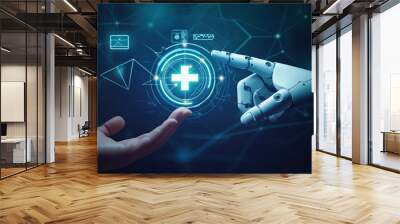 Robot hand ai artificial intelligence assistance for medical healthcare practices. Health AI and technology concept. Wall mural