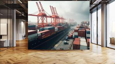 transport and logistics of truk container cargo ship in harbor. 3d rendering and illustration. Wall mural