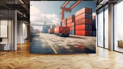 transport and logistics of truk container cargo ship in harbor.. 3d rendering and illustration. Wall mural