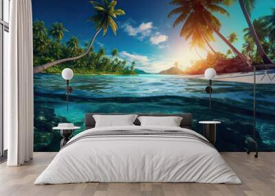 tropical beach with palm trees and turquoise water. amazing travel destination. Wall mural