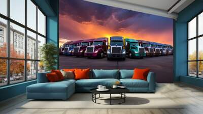 Trucked parked side by side. Amazing sunset. Orange and purple colors. Wall mural