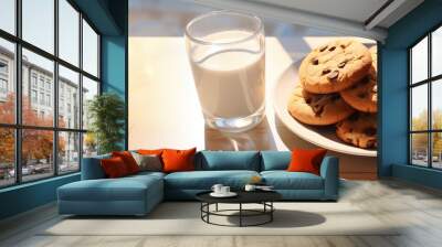 Classic Comfort: Stack of Chocolate Chip Cookies Beside a Fresh Glass of Milk. Indulge in Homestyle Delights. Wall mural