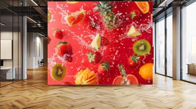 Fresh fruits on a red background. Floating tropical fruits. Wall mural