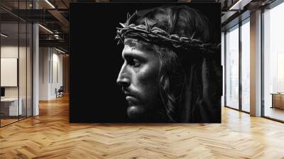 Jesus Christ with the crown of thorns, in profile on a black background. Face of Jesus suffering Holy Week Stations of the Cross. Generative AI Wall mural