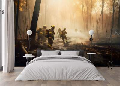 Rescue operation in a burning forest. Ideal for environmental awareness and emergency response projects. Firefighters fighting the fire. Generative AI  Wall mural