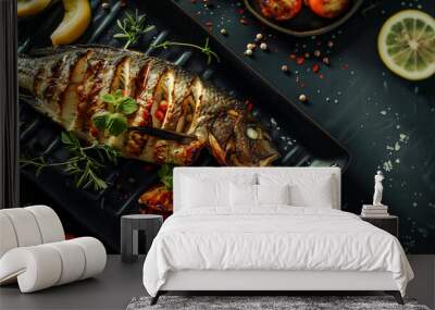 Deliciously Grilled Fish Exquisite Whole Fish Dish Garnished with Fresh Herbs, Cherry Tomatoes, and Slices of Lemon on a Black Plate – A Perfect Example of Gourmet Cuisine and Elegant Seafood Wall mural