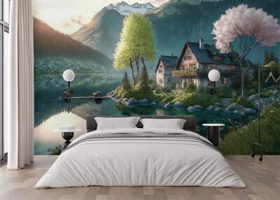 Ländliches Dorf Haus in den Alpen im Frühling Schweiz Österreich Bayern Ruhe und Beschaulichkeit AI Art Digital Illustration Wall mural