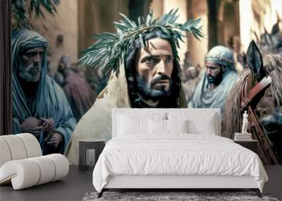 Palmsonntag Jesus der Messias Prozession durch Jerusalem Digital Art Abstrakte Illustration Generative AI Hintergrund Background Cover Wall mural