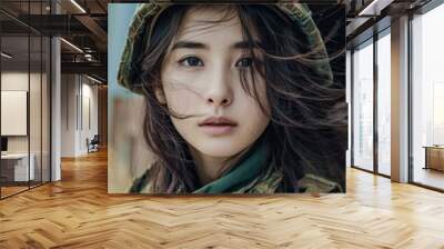 Portrait of a Young Self-Confident Korean Woman Dressed in a Fantasy Uniform Wallpaper Background Brainstorming Family Digital Art Magazine Poster Wall mural