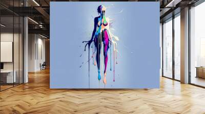 Vivid Expression A Dynamic Abstract Artwork Depicting the Fusion of Color and Form Capturing the Essence of Creativity through Dripping Paint and Silhouette Wall mural