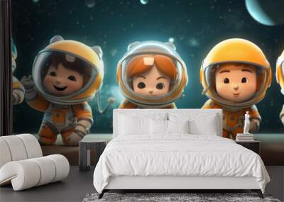 Set of 3D cartoon character cute smiling kids in astronaut suit or space suit and wearing helmet, Wall mural