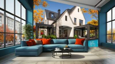 3d rendering of cute cozy white and black modern Tudor style house with parking  and pool for sale or rent with beautiful landscaping. Fairy roofs. Clear sunny autumn day with golden leaves anywhere Wall mural